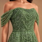 EVANTHIA | Pearl Beaded Off-Shoulder A-Line Formal Evening Gown