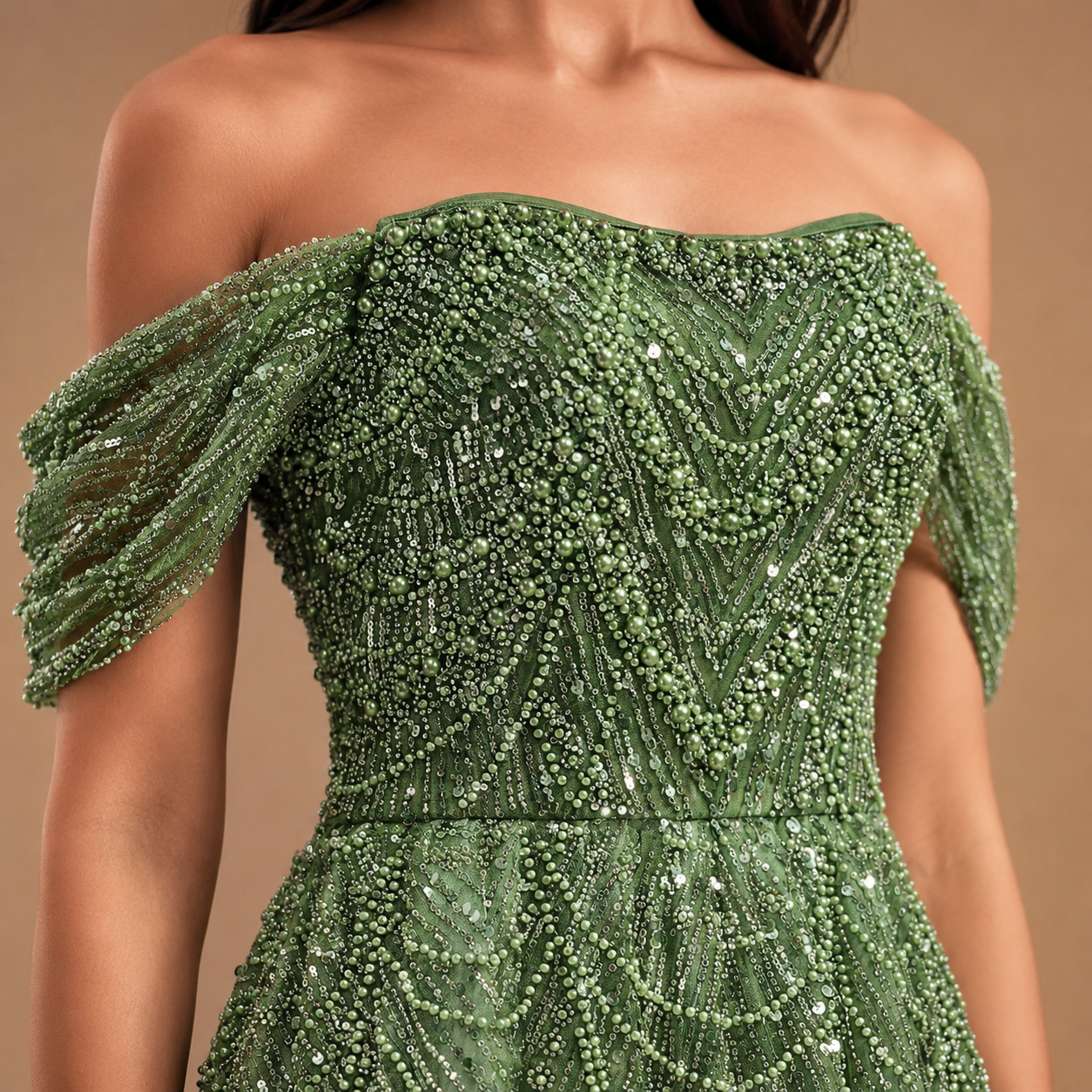 EVANTHIA | Pearl Beaded Off-Shoulder A-Line Formal Evening Gown