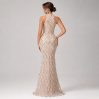 CELÉSTE | Champagne Silver Beaded Off-Shoulder Mermaid Evening Gown