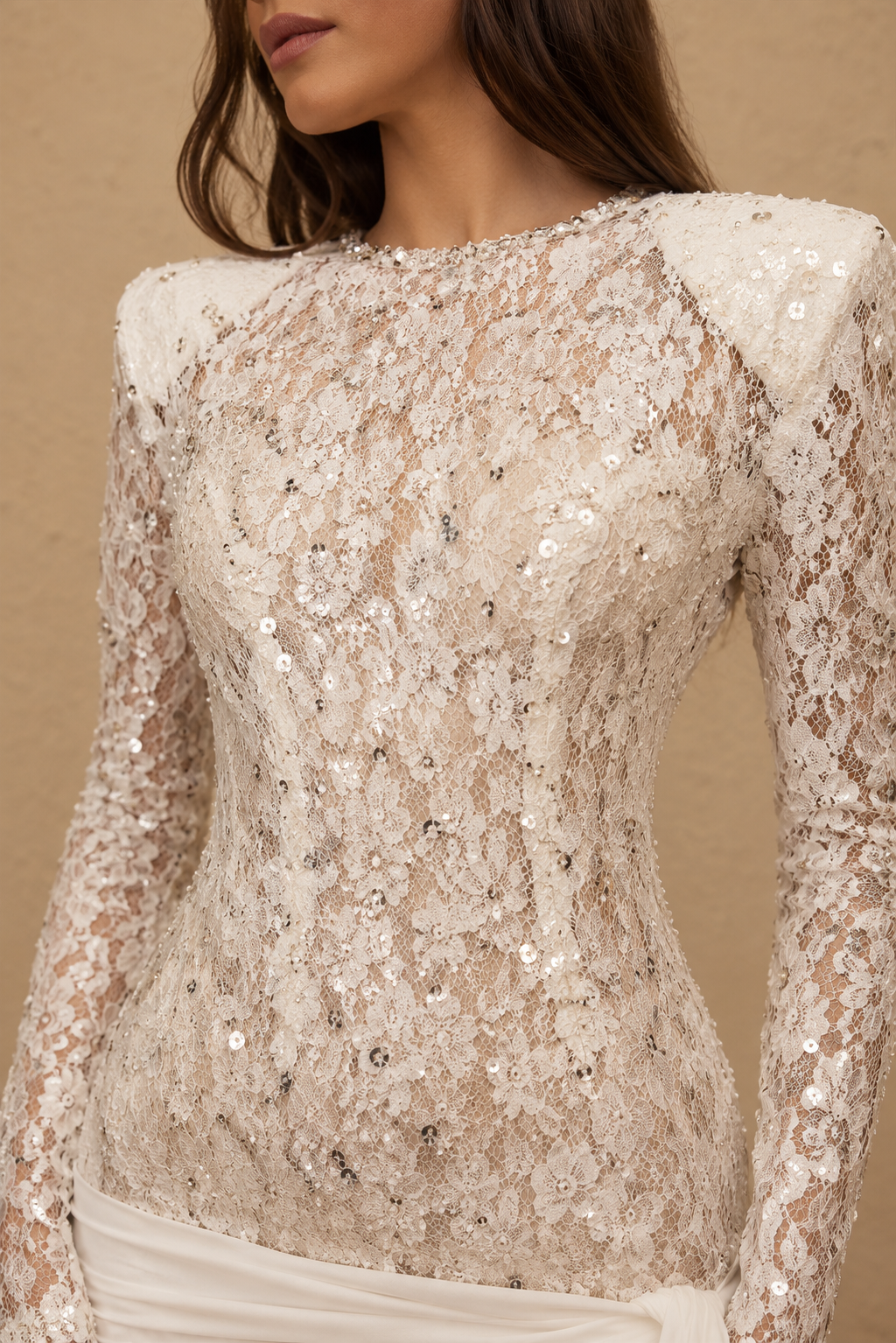 SOLENNE | Long-Sleeve Lace Mini Dress with Draped Train