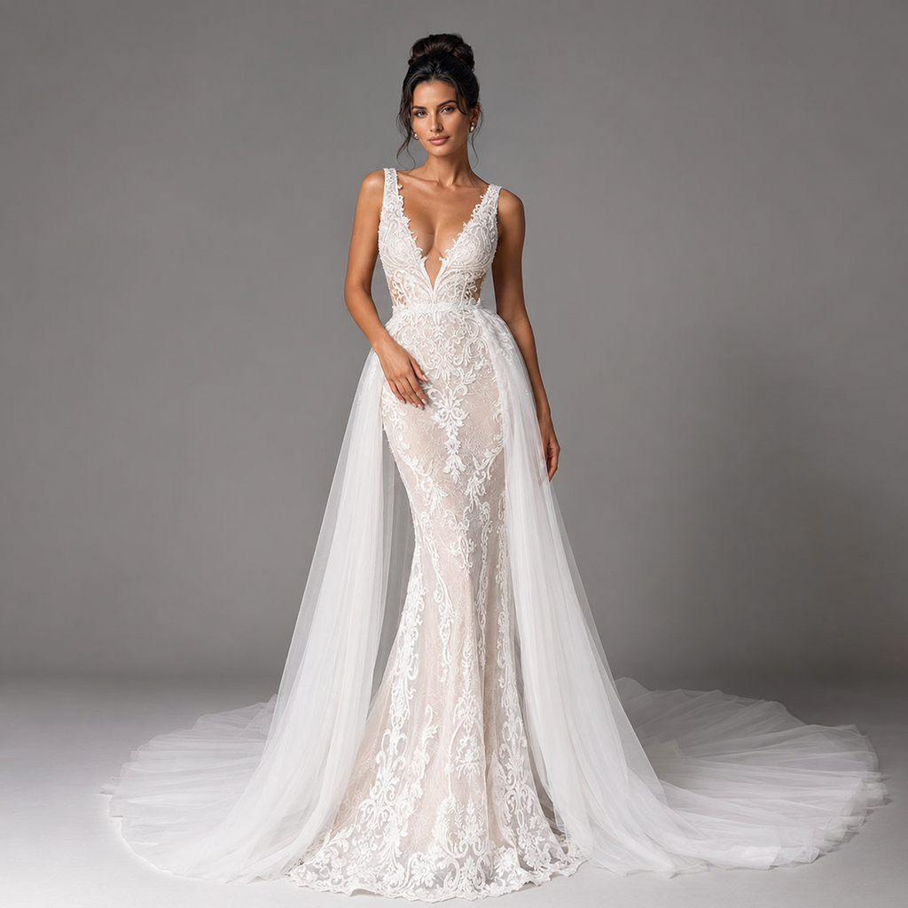 AURELIA | Ivory V-Neck Sleeveless Vintage Beaded Lace Mermaid Wedding Dress with Open Back and Cathedral Train