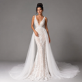 AURELIA | Ivory V-Neck Sleeveless Vintage Beaded Lace Mermaid Wedding Dress with Open Back and Cathedral Train