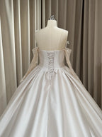 ODESSA | White Satin Off-Shoulder Lace-Sleeve Bow Ball Gown Wedding Dress