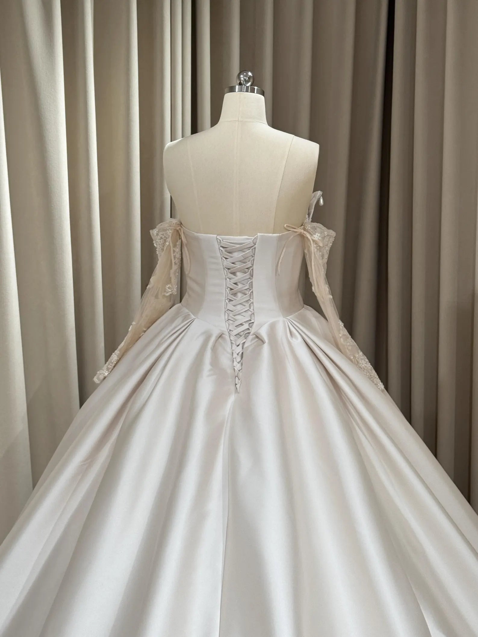 ODESSA | White Satin Off-Shoulder Lace-Sleeve Bow Ball Gown Wedding Dress