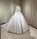 ODESSA | White Satin Off-Shoulder Lace-Sleeve Bow Ball Gown Wedding Dress