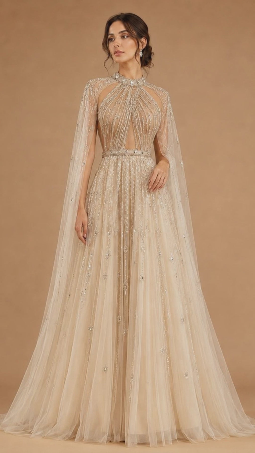 AURELIA | Beaded High Neck Long Sleeve Tulle Evening Gown