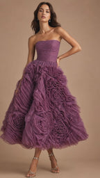 ROSELLARA | Strapless Ruched 3D Floral Ruffle A-Line Tea-Length Formal Dress