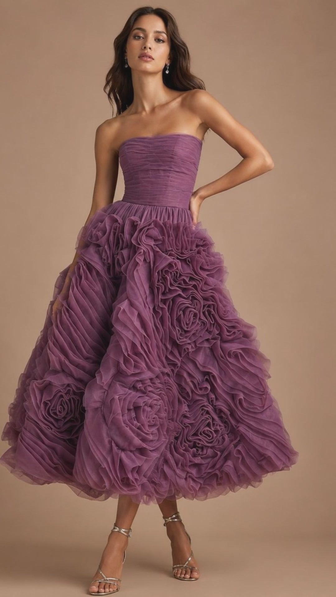 ROSELLARA | Strapless Ruched 3D Floral Ruffle A-Line Tea-Length Formal Dress