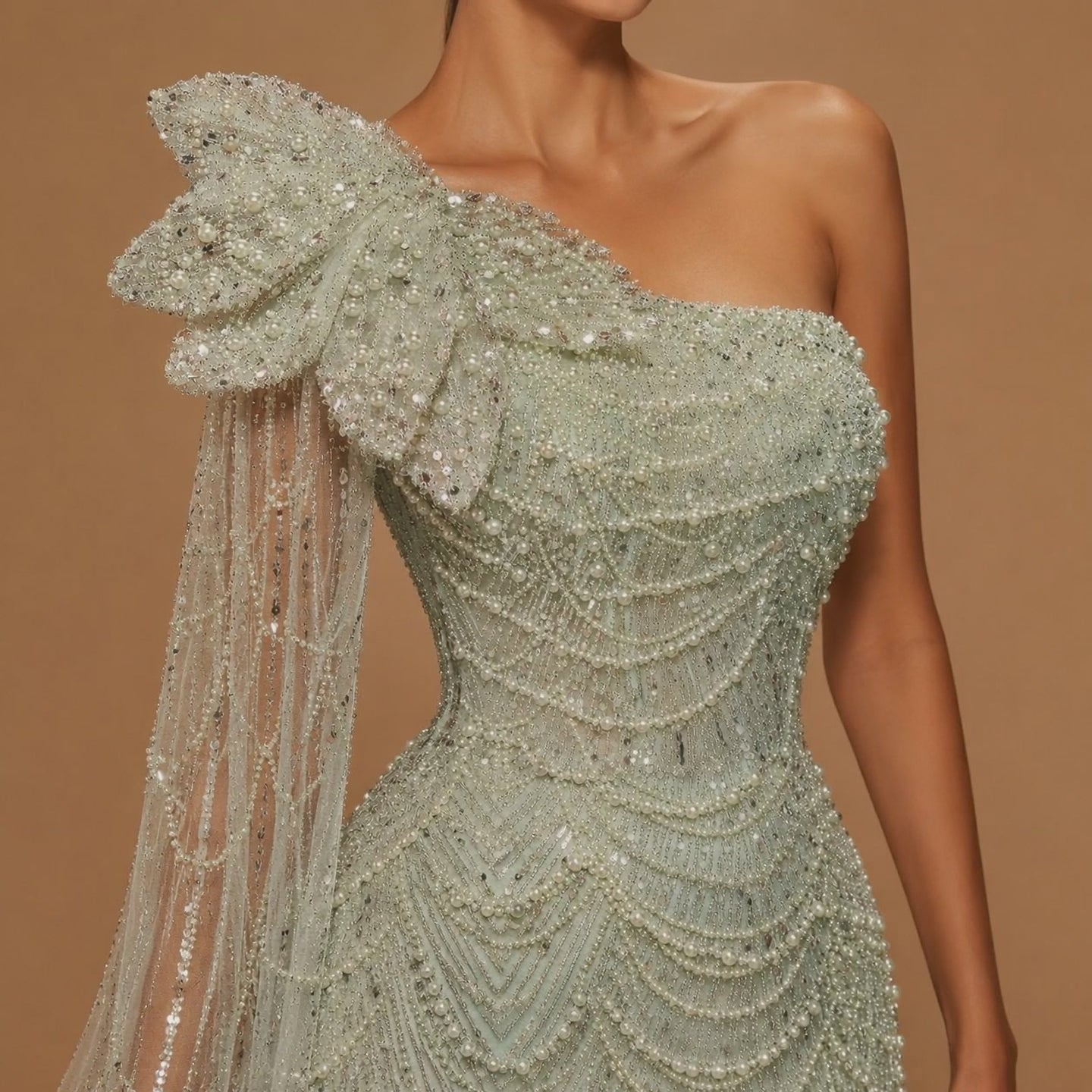 SEREYA | Pearl Beaded One-Shoulder Couture Evening Gown