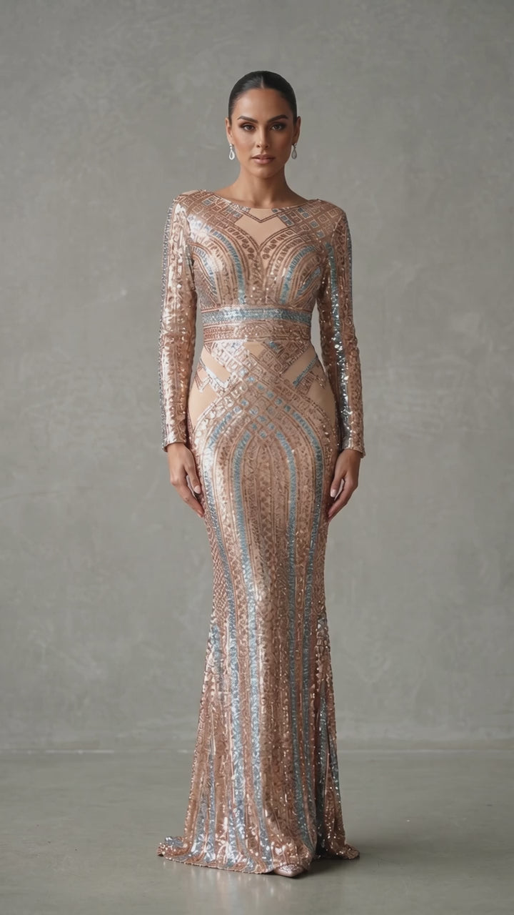 AMARIS | Rose Gold & Blue Sequin Long-Sleeve Mermaid Evening Gown