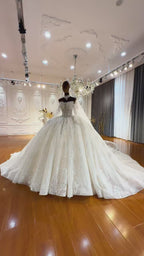 ISADORA | Ivory Off-Shoulder Lace Corset Ball Gown Wedding Dress with Cathedral Train