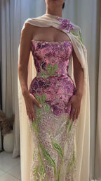 LILIANNE | Purple Floral Beaded Strapless Mermaid Evening Gown