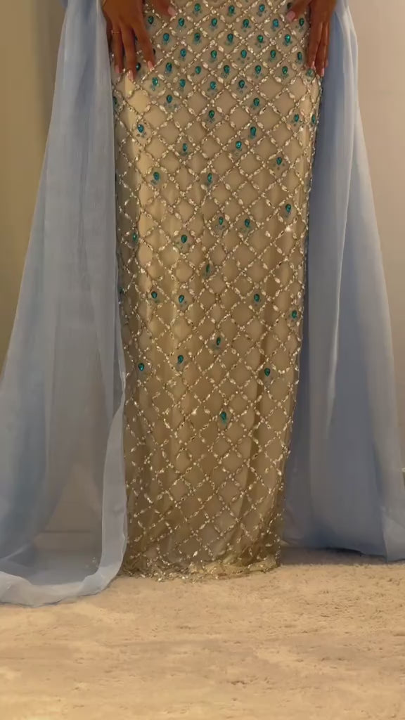 AZURELLE | Turquoise Crystal Beaded Sheer Mermaid Evening Gown