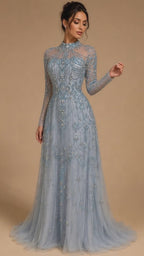 ISOLDE | Crystal Beaded High Neck Long Sleeve A-Line Evening Gown