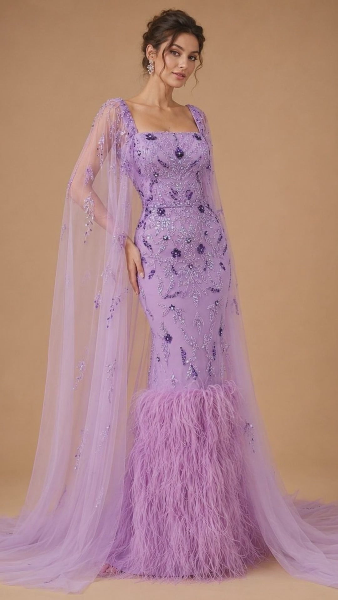 AMARIS | Lilac Beaded Feather Trim Cape Evening Gown