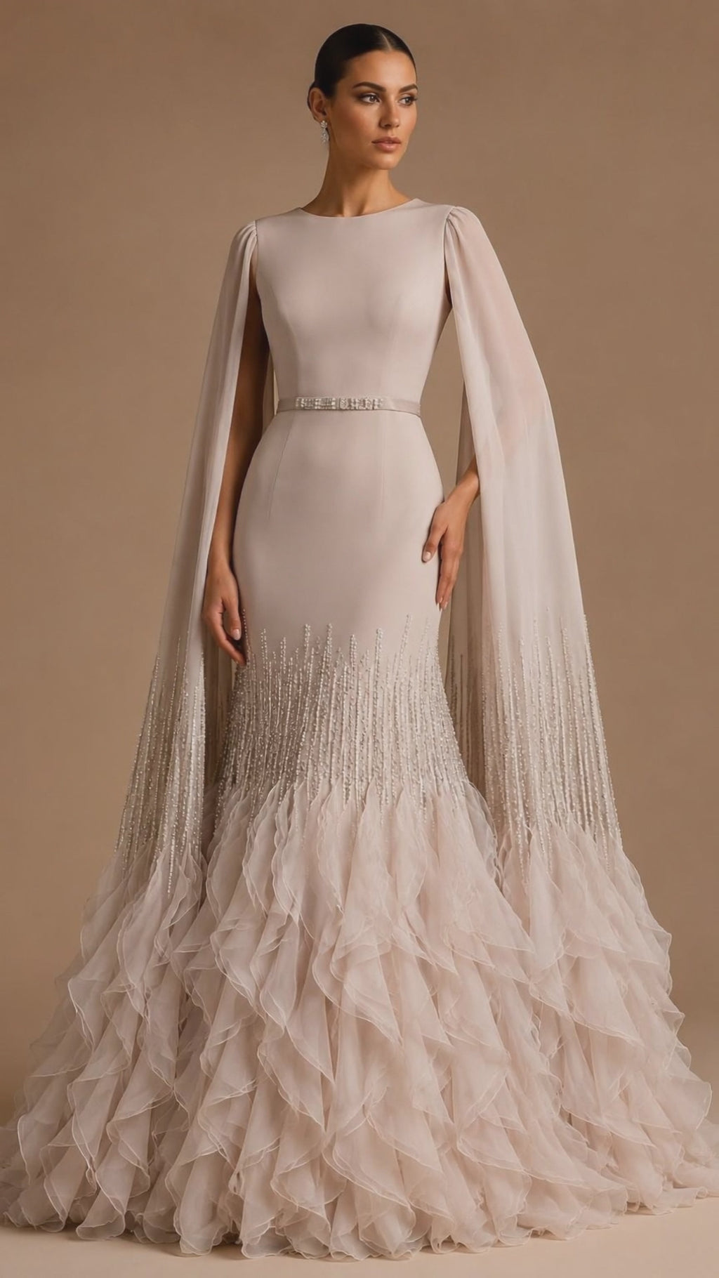 ELARA | Beaded Cape Sleeve Ruffle Train Evening Gown