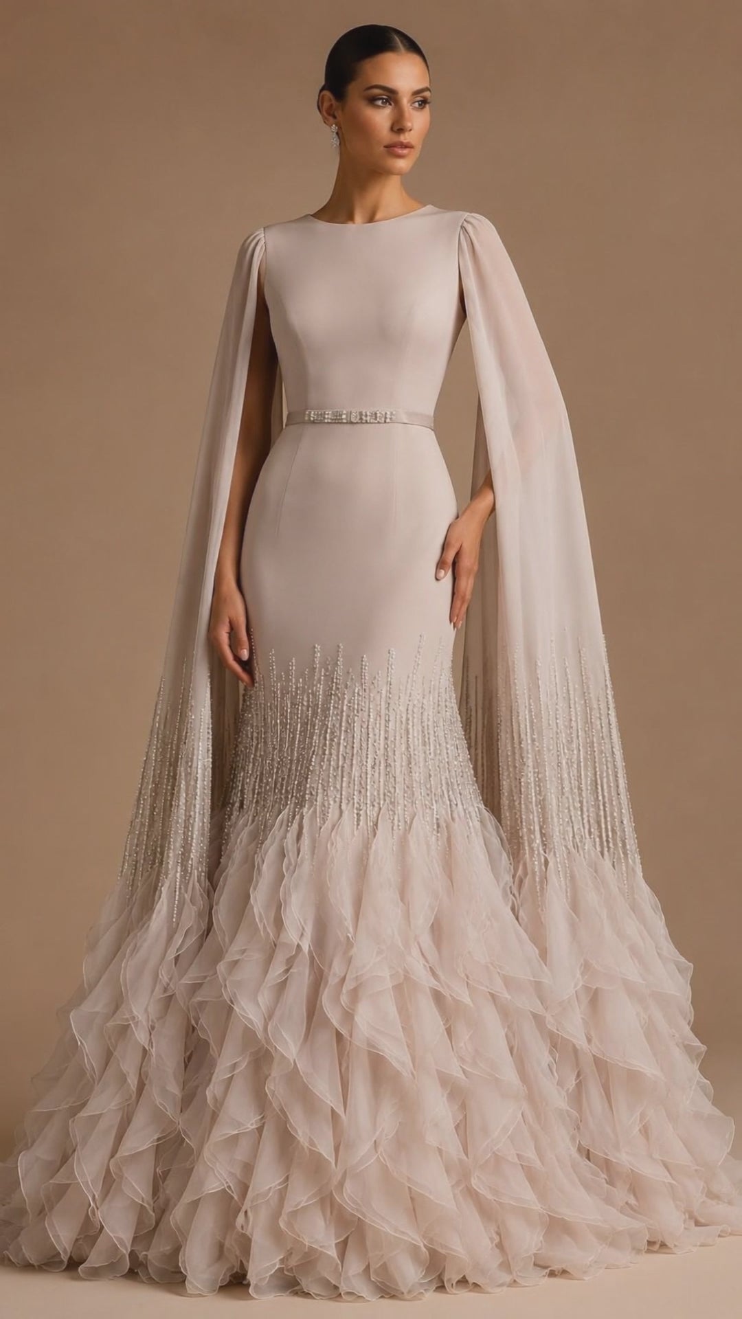ELARA | Beaded Cape Sleeve Ruffle Train Evening Gown