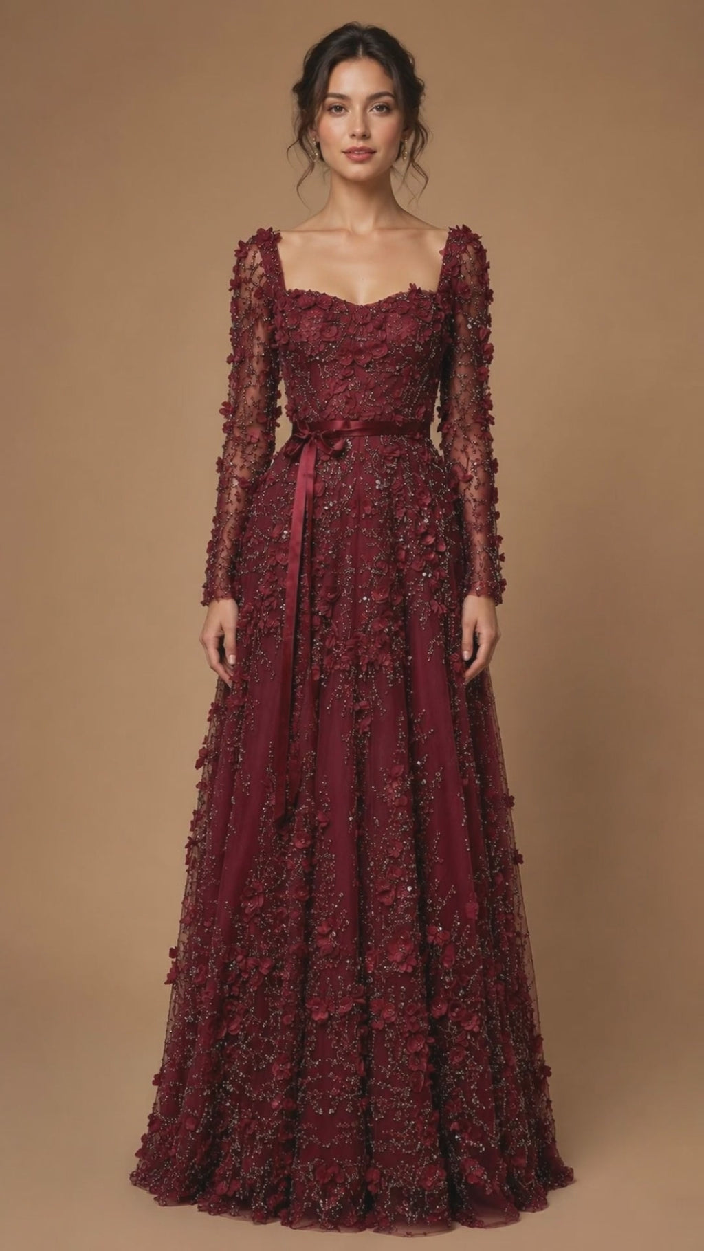 VELORIA | 3D Floral Beaded Long Sleeve A-Line Formal Gown