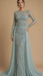 ELARA | Crystal Beaded Long Sleeve Tulle Overskirt Evening Gown