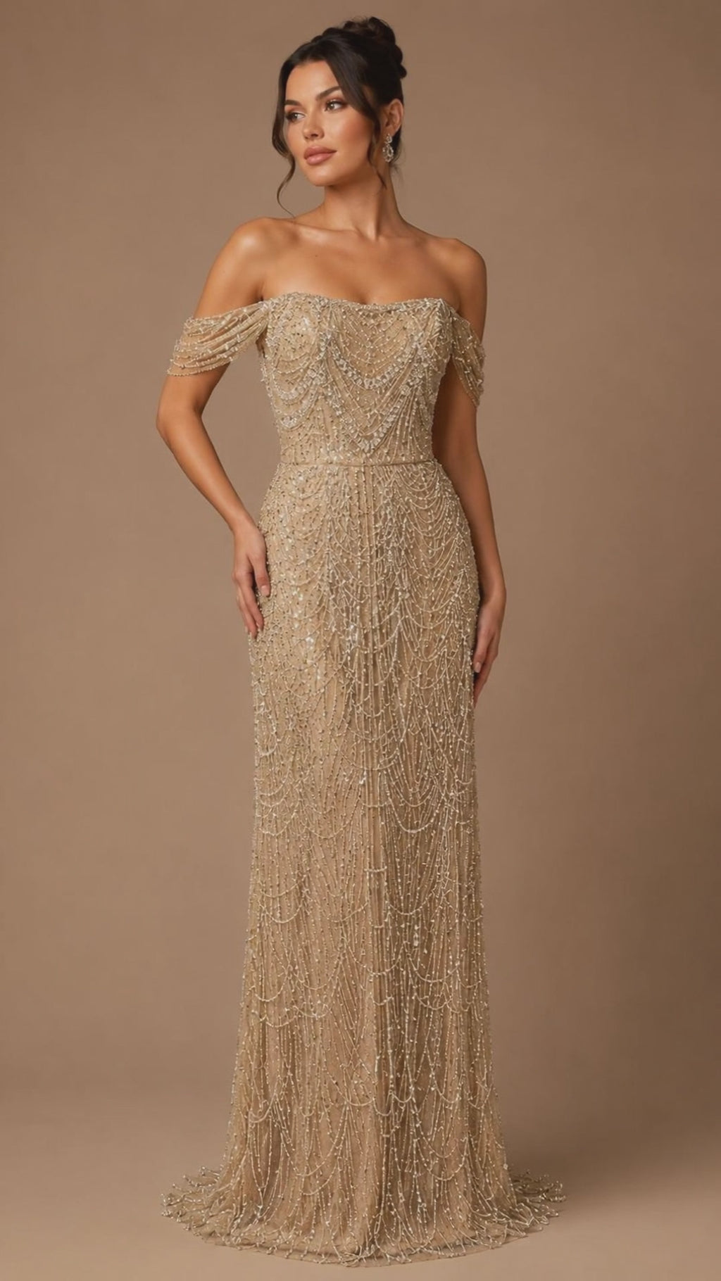 EVANTHIA | Pearl Beaded Off-Shoulder A-Line Formal Evening Gown