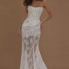 EVANDRA | Strapless Pleated Lace Flower Sheath Wedding Gown with Detachable Train
